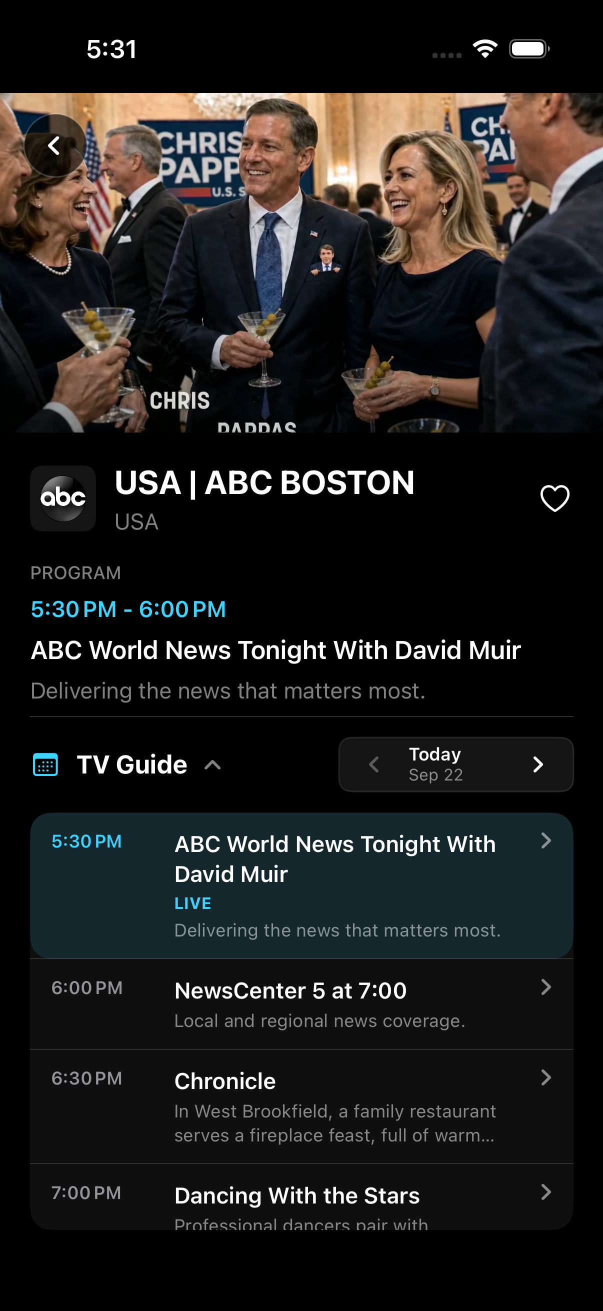 TU TV Player TV Guide showing live programming