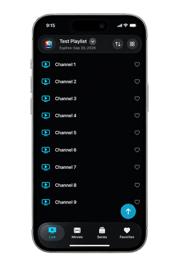 TU TV Player showing a playlist of live channels on an iPhone