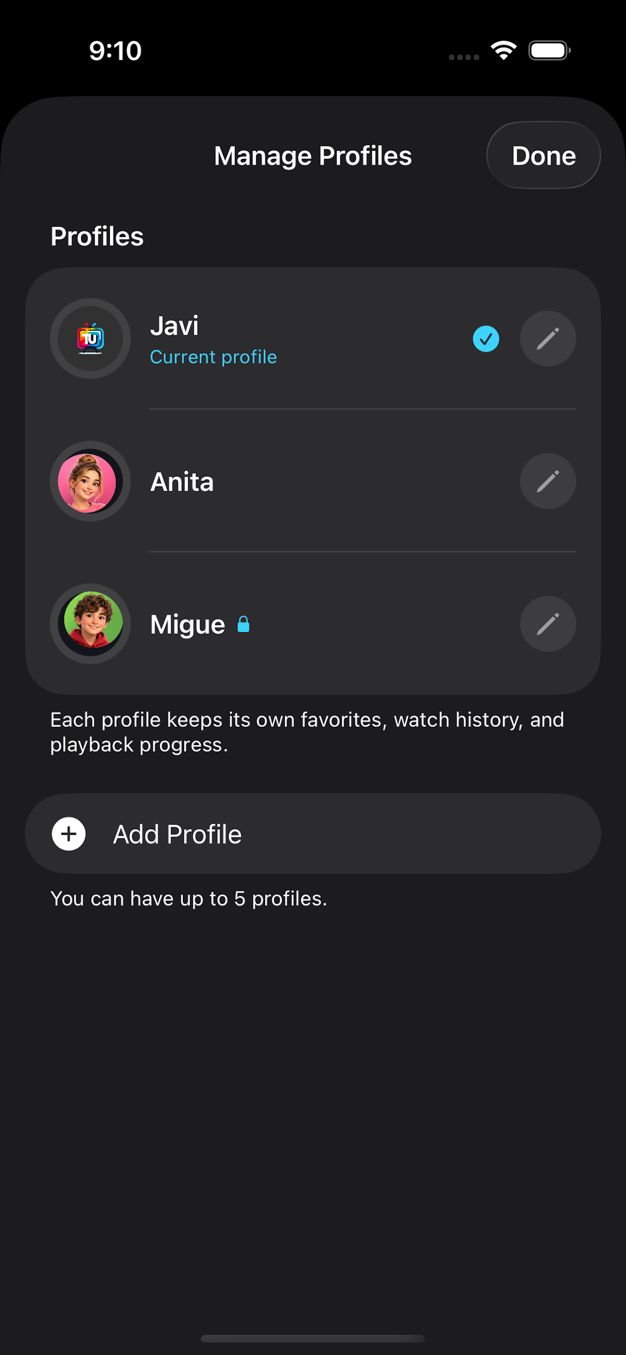 TU TV Player profile management screen